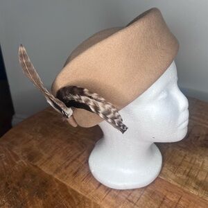 Tan Felt Hat with Feather Accent